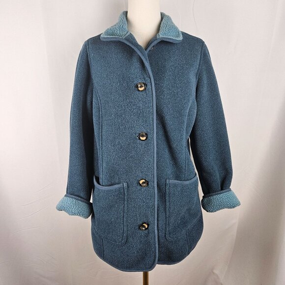 Vintage L.L. Bean Teal Fleece Cardigan Jacket Sz MP Barn Coat USA Polartec Warm - Picture 1 of 11